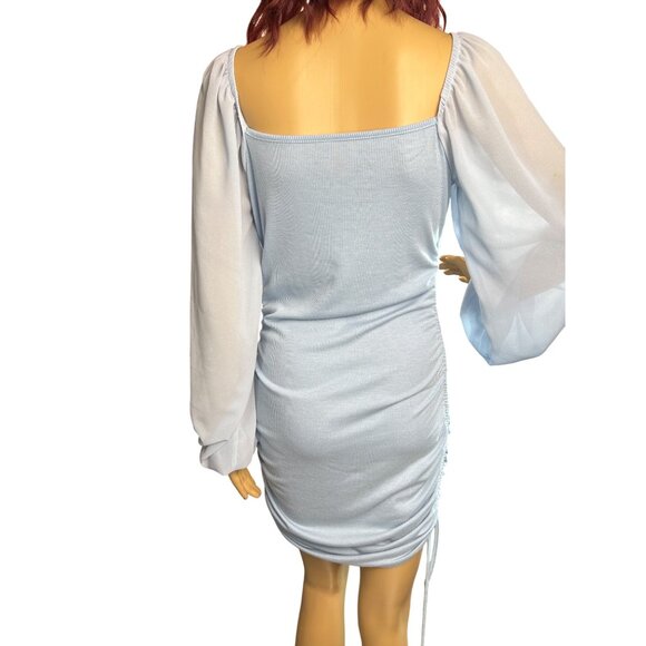(6 for $25) Powder Blue Lantern Sleeve‎ Square-Neck Mini Dress - Picture 5 of 5